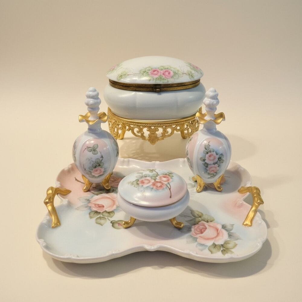 Vintage Hand Painted Porcelain Vanity Set-Tray-Perfume Bottles-Casket-Jar-Signed